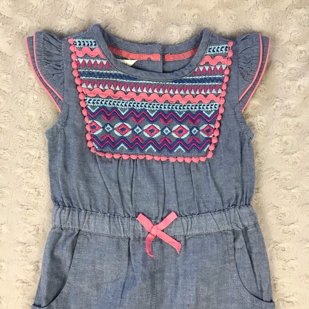 Monsoon Chambray Summer Romper Size 3-6 Months Blue Pink Embroidery